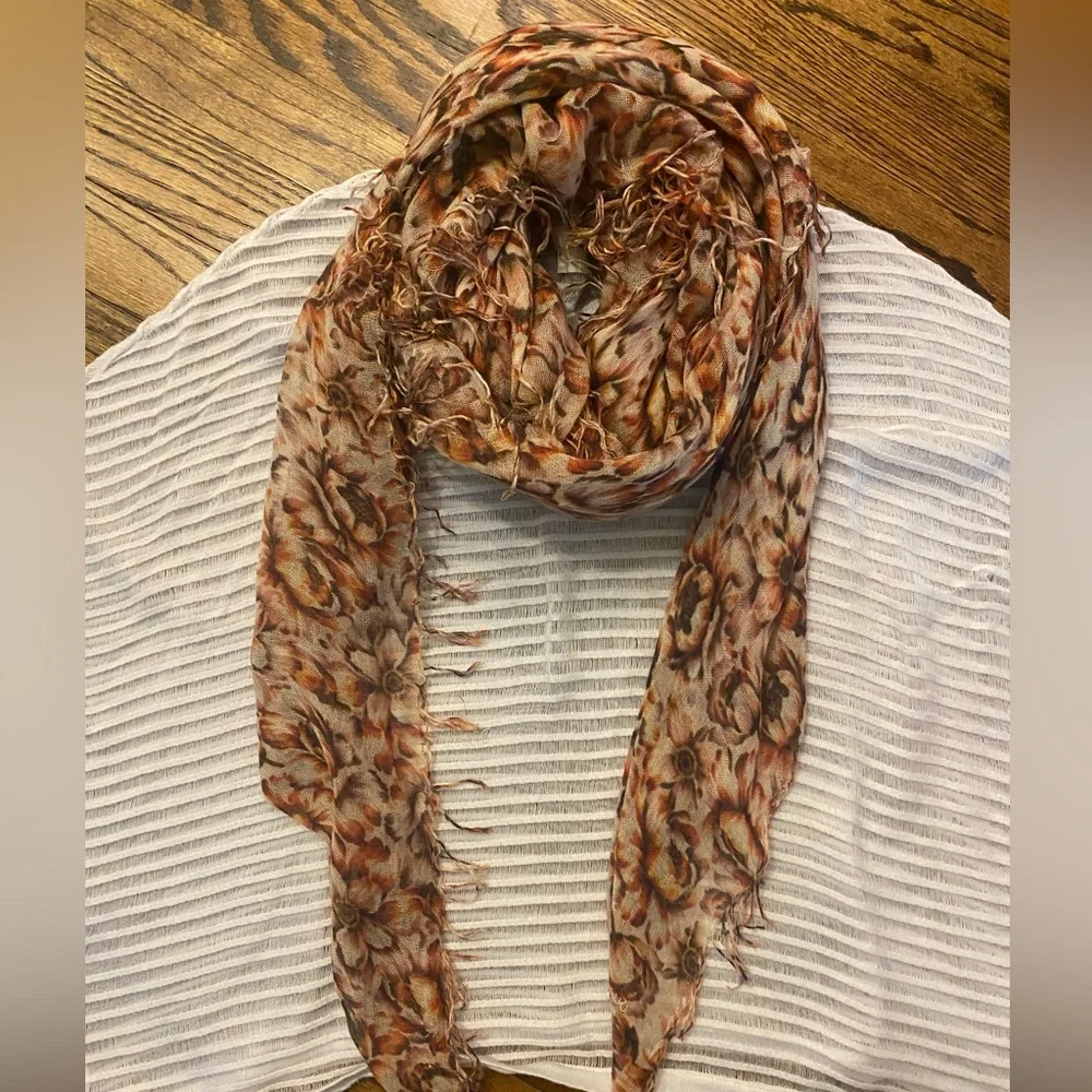 Chan Luu Peonies Print Lightweight Scarf in Cream, Brown & Orange